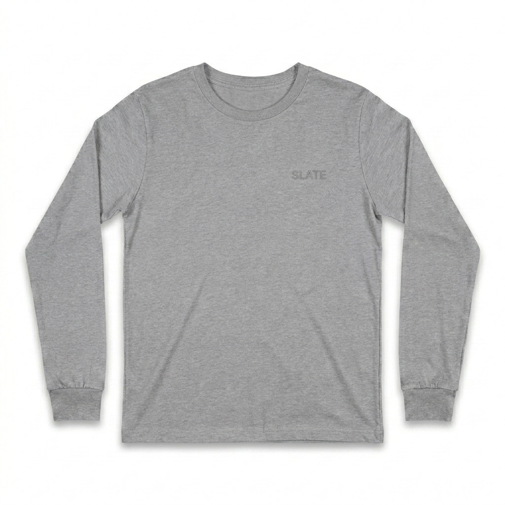 Custom Youth Long Sleeve T-Shirt design direction 1: Tonal Minimalist Wordmark featuring the SLATE wordmark