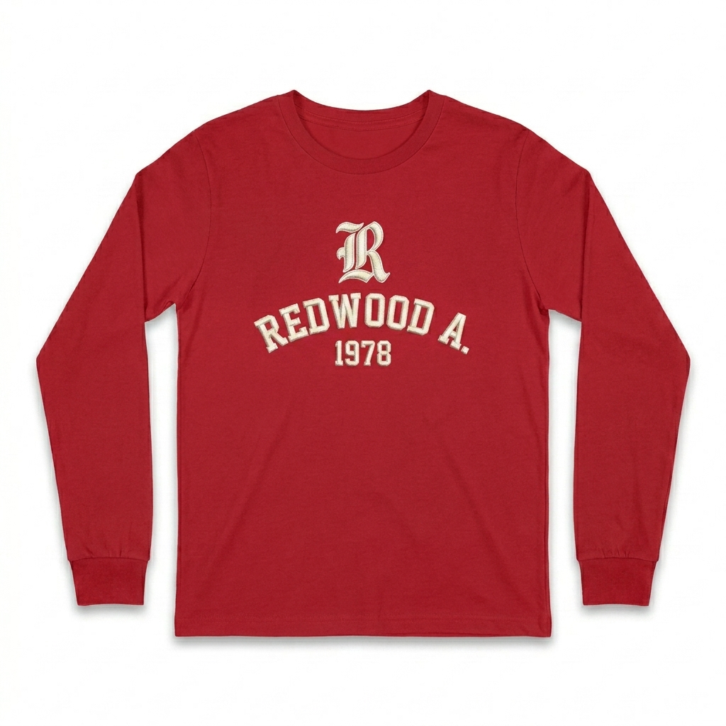 Custom Youth Long Sleeve T-Shirt design direction 3: Retro Collegiate Emblem featuring the REDWOOD A. wordmark