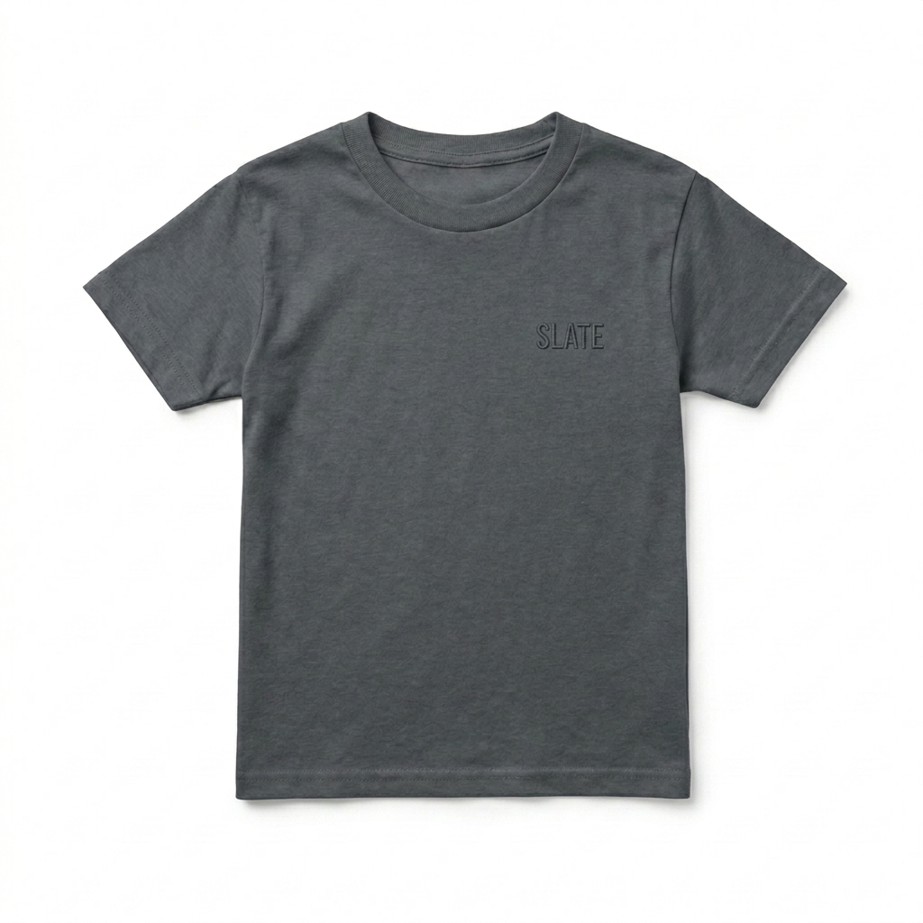 Custom Youth Performance T-Shirt design direction 1: Tonal Minimalist Wordmark featuring the SLATE wordmark