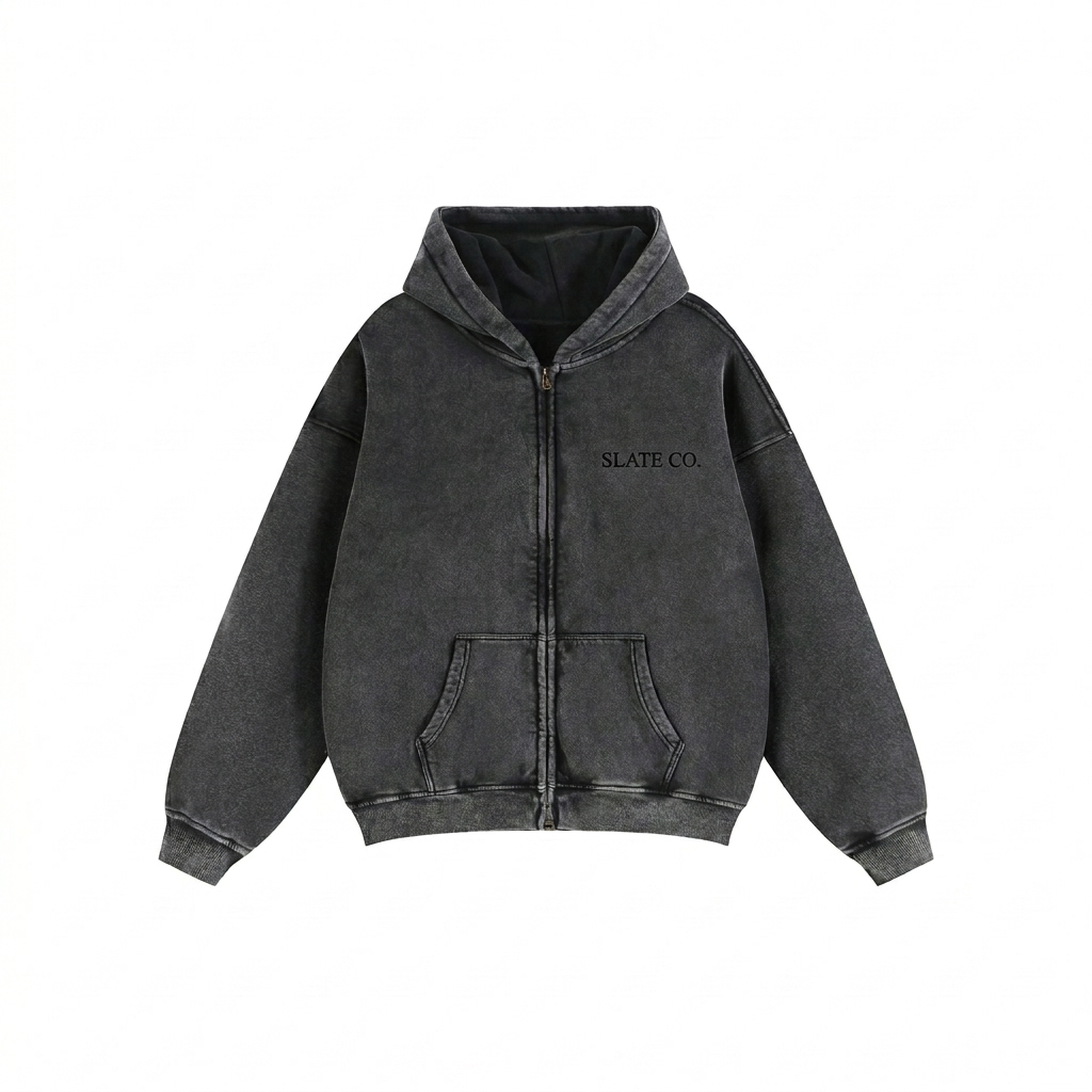 Custom Zip-Through Boxy Fleece Hoodie design direction 1: Tonal Heritage Wordmark featuring the SLATE CO. wordmark