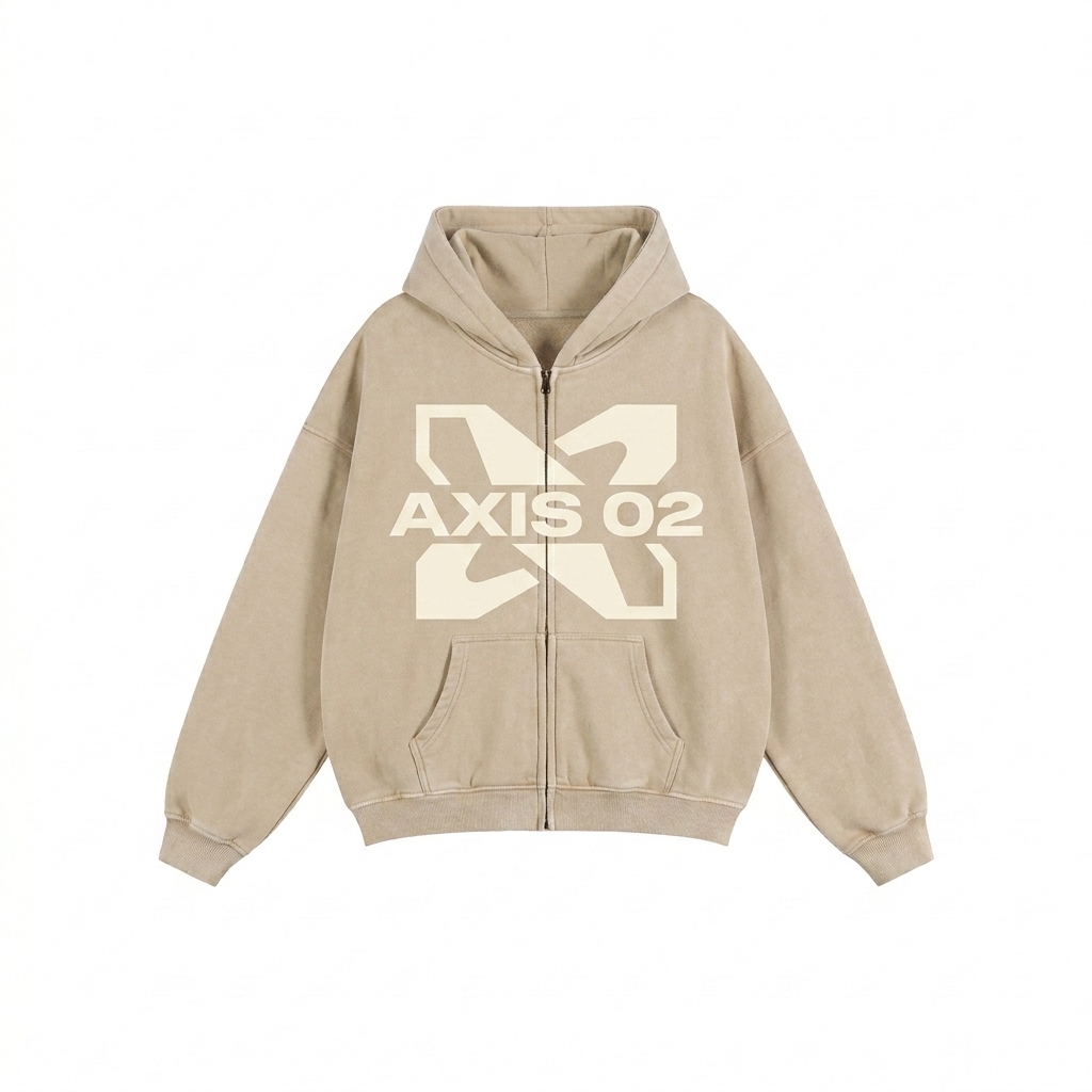 Custom Zip-Through Boxy Fleece Hoodie design direction 2: Abstract Geometric Graphic featuring the AXIS 02 wordmark