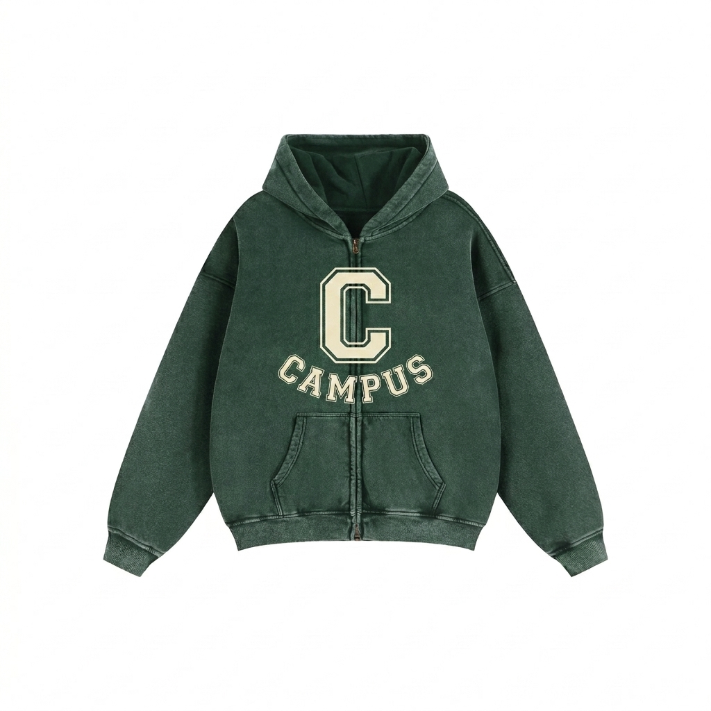 Custom Zip-Through Boxy Fleece Hoodie design direction 3: Retro Collegiate Emblem featuring the CAMPUS wordmark