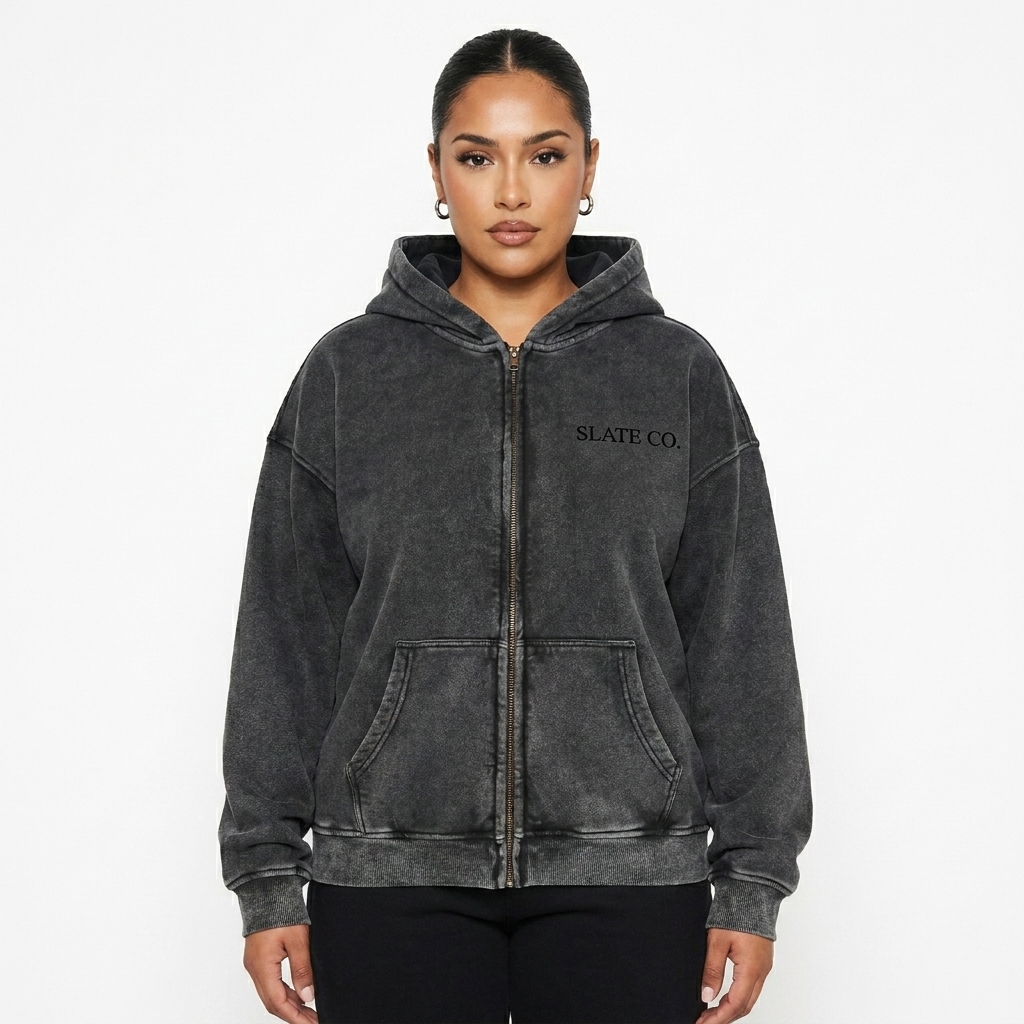Zip-Through Boxy Fleece Hoodie worn by a mid-size Latino female fashion influencer, downtown streetwear styling, studio lookbook — custom zip-through boxy fleece hoodie